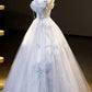 Blue Tulle Floor Length Prom Dress, Off the Shoulder Evening Party Dress