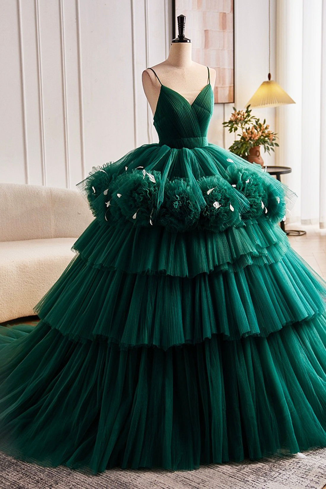 Green Spaghetti Strap V-Neck Ball Gown Dress, A-Line Backless Evening Formal Dress