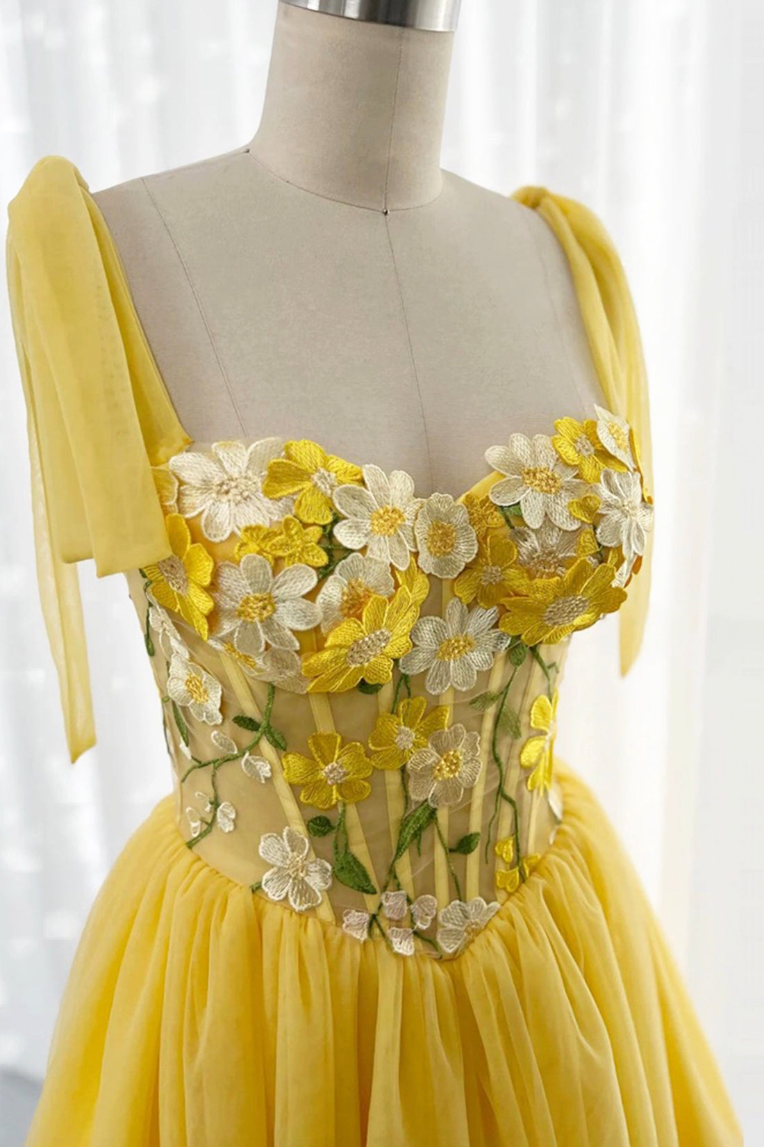 Yellow Tulle Lace Knee Length Prom Dress, Cute A-Line Party Dress