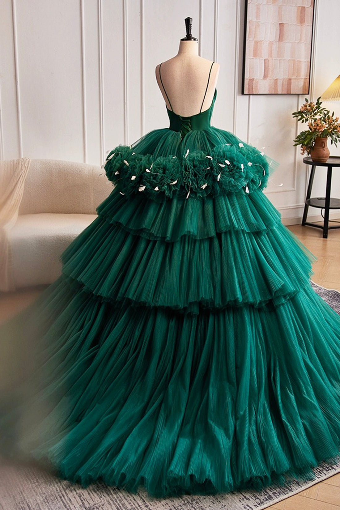 Green Spaghetti Strap V-Neck Ball Gown Dress, A-Line Backless Evening Formal Dress