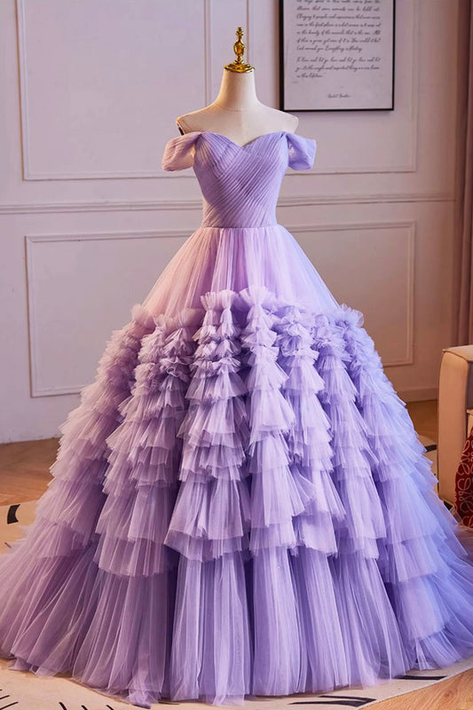 Purple Off the Shoulder Tiered Ruffles Long Ball Grown, A-Line Purple Prom Formal Party Dresses
