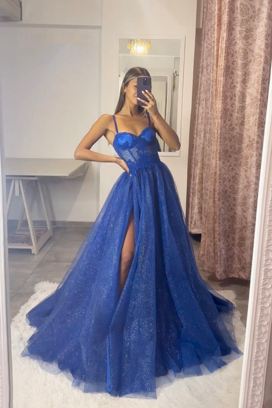 Blue Spaghetti Strap Tulle Lace Long Prom Dress, Beautiful A-Line Evening Party Dress