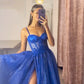 Blue Spaghetti Strap Tulle Lace Long Prom Dress, Beautiful A-Line Evening Party Dress