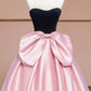 Black Velvet and Pink Satin Long Prom Dress, A-Line Strapless Evening Party Dress