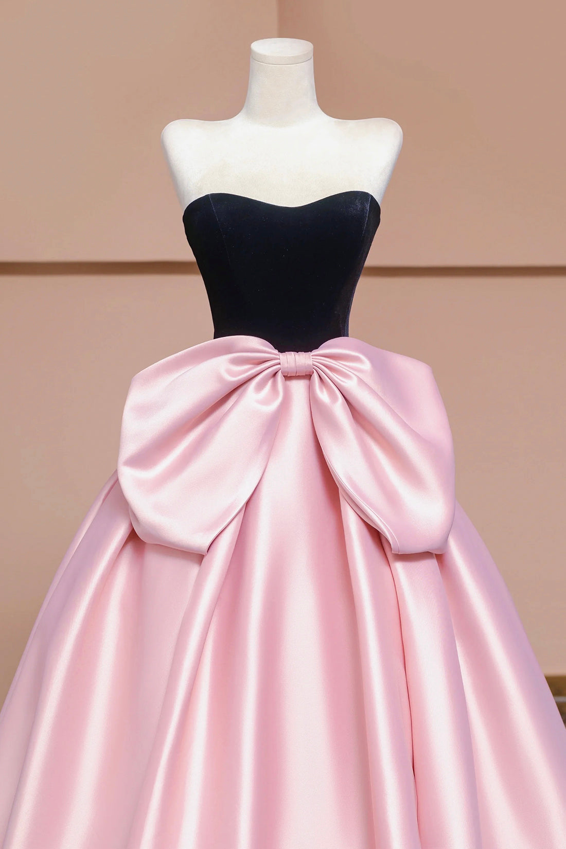 Black Velvet and Pink Satin Long Prom Dress, A-Line Strapless Evening Party Dress