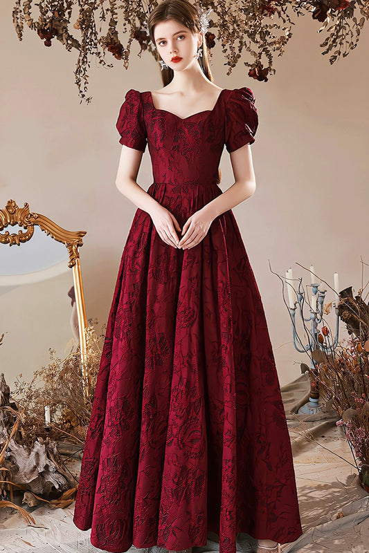 Elegant Satin Floor Length Prom Dress, Burgundy A-Line Short Sleeve Evening Party Dress