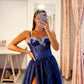 Blue Shiny Tulle Lace Long Prom Dress, Beautiful Spaghetti Strap A-Line Evening Party Dress