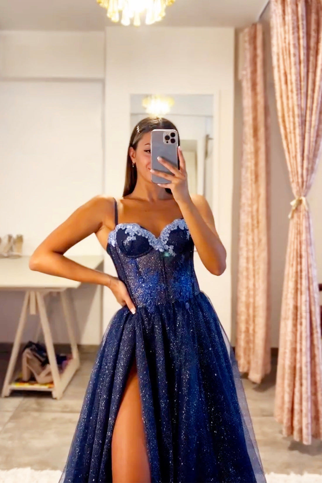 Blue Shiny Tulle Lace Long Prom Dress, Beautiful Spaghetti Strap A-Line Evening Party Dress
