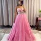 Pink Tulle Lace Long Prom Dress, Lovely A-Line Spaghetti Strap Formal Dress