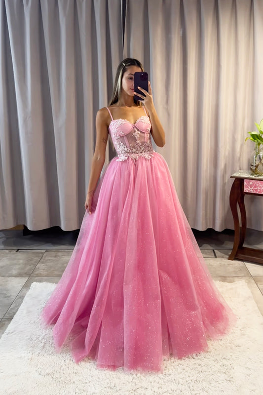 Pink Tulle Lace Long Prom Dress, Lovely A-Line Spaghetti Strap Formal Dress