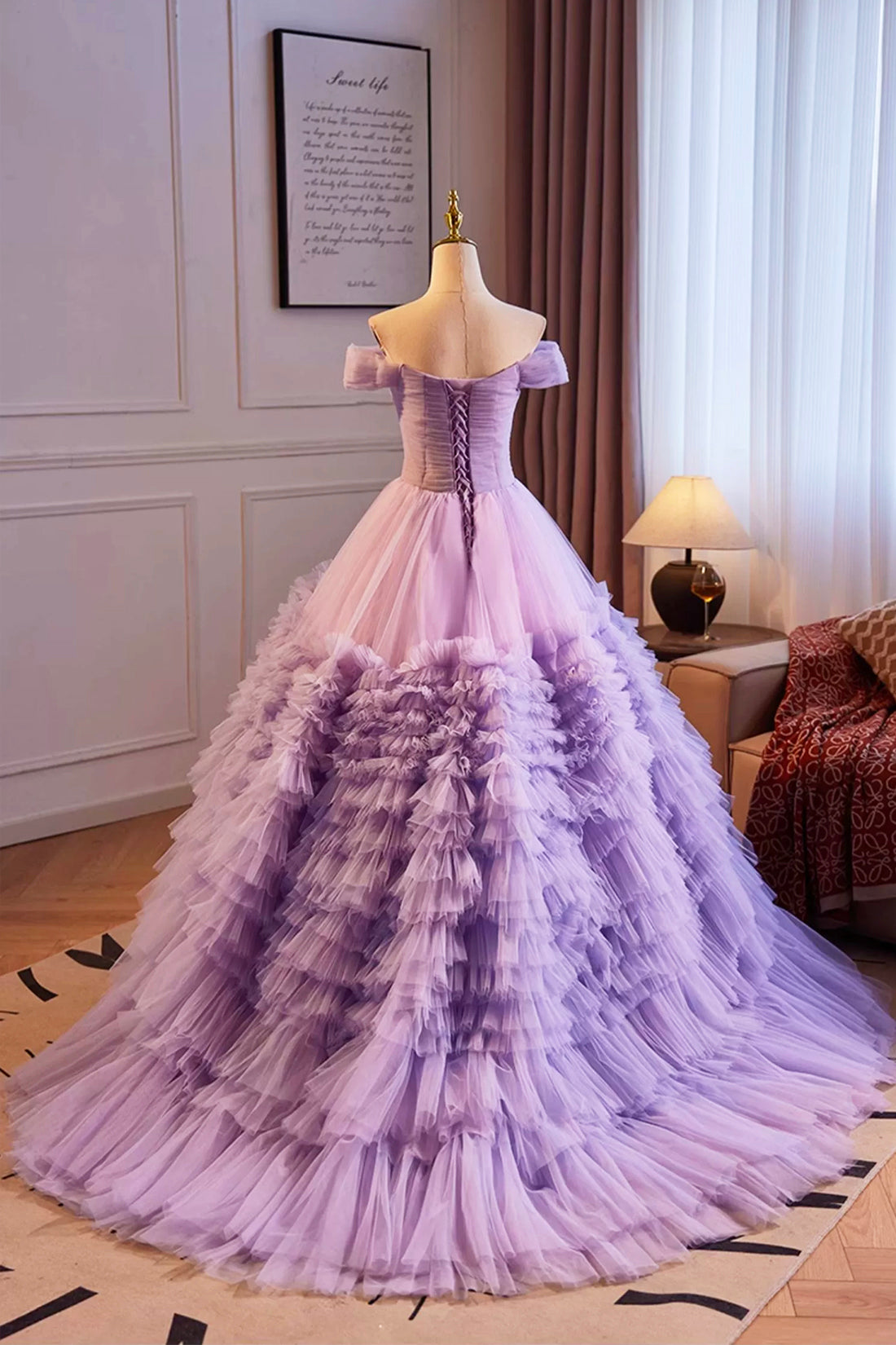 Purple Off the Shoulder Tiered Ruffles Long Ball Grown, A-Line Purple Prom Formal Party Dresses