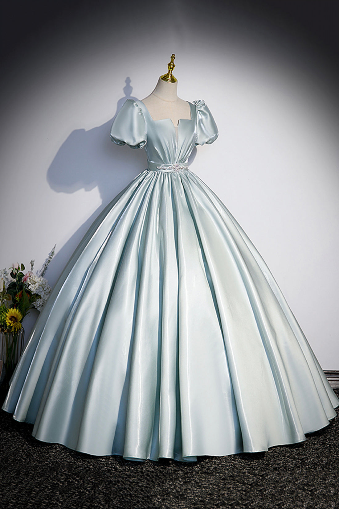 Beautiful Satin Long Prom Dress, A-Line Short Sleeve Evening Dress