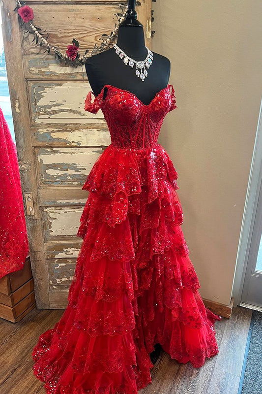 Dark Red Sequins Long Prom Dress, Beautiful Off the Shoulder Evening Party Dress
