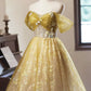 A-Line Floral Tulle Short Prom Dress, Yellow Off the Shoulder Evening Party Dress