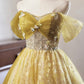 A-Line Floral Tulle Short Prom Dress, Yellow Off the Shoulder Evening Party Dress