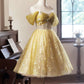 A-Line Floral Tulle Short Prom Dress, Yellow Off the Shoulder Evening Party Dress