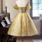 A-Line Floral Tulle Short Prom Dress, Yellow Off the Shoulder Evening Party Dress