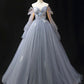 Gray Blue Tulle Lace Floor Length Prom Dress, Elegant Off the Shoulder Long Sleeve Party Dress