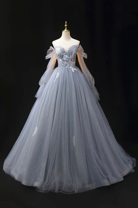 Gray Blue Tulle Lace Floor Length Prom Dress, Elegant Off the Shoulder Long Sleeve Party Dress