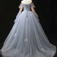 Gray Blue Tulle Lace Floor Length Prom Dress, Elegant Off the Shoulder Long Sleeve Party Dress