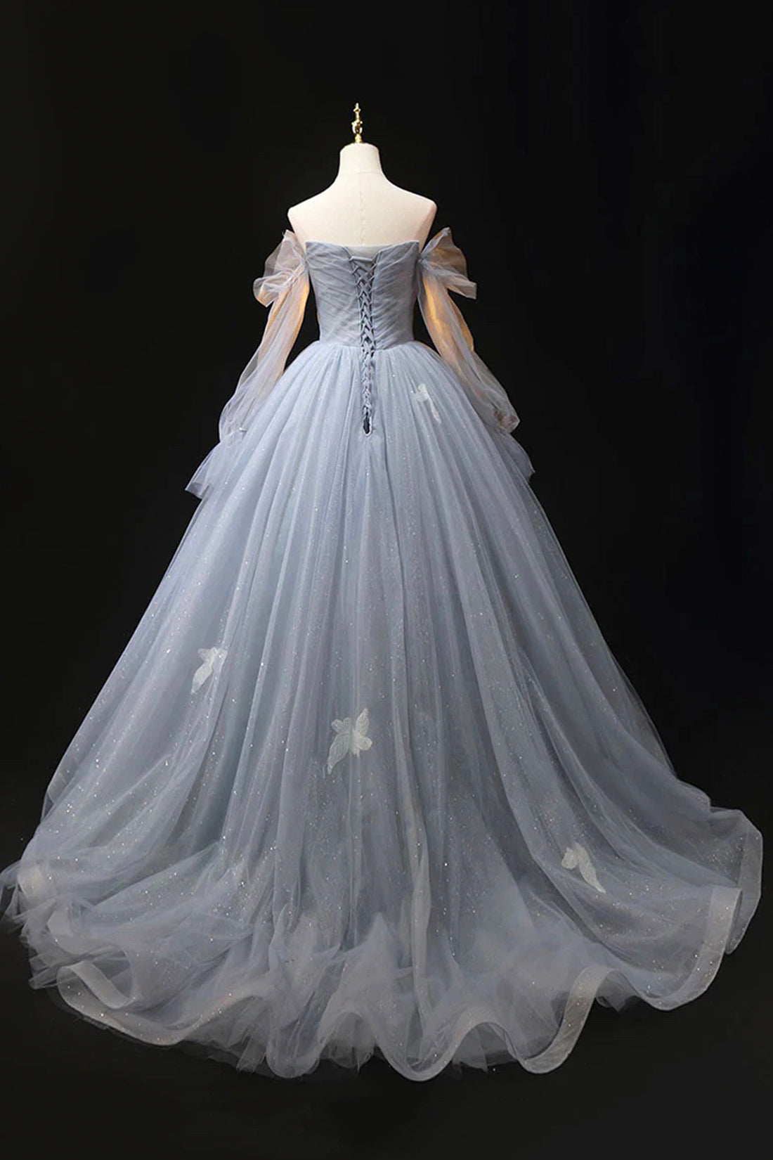 Gray Blue Tulle Lace Floor Length Prom Dress, Elegant Off the Shoulder Long Sleeve Party Dress