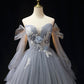 Gray Blue Tulle Lace Floor Length Prom Dress, Elegant Off the Shoulder Long Sleeve Party Dress