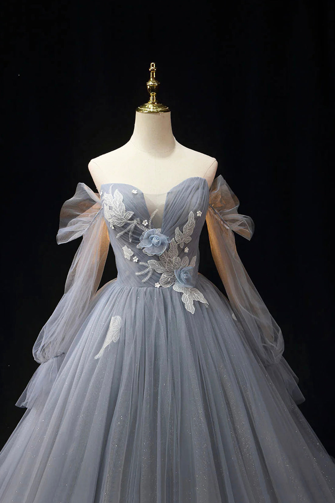 Gray Blue Tulle Lace Floor Length Prom Dress, Elegant Off the Shoulder Long Sleeve Party Dress