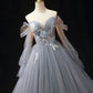 Gray Blue Tulle Lace Floor Length Prom Dress, Elegant Off the Shoulder Long Sleeve Party Dress