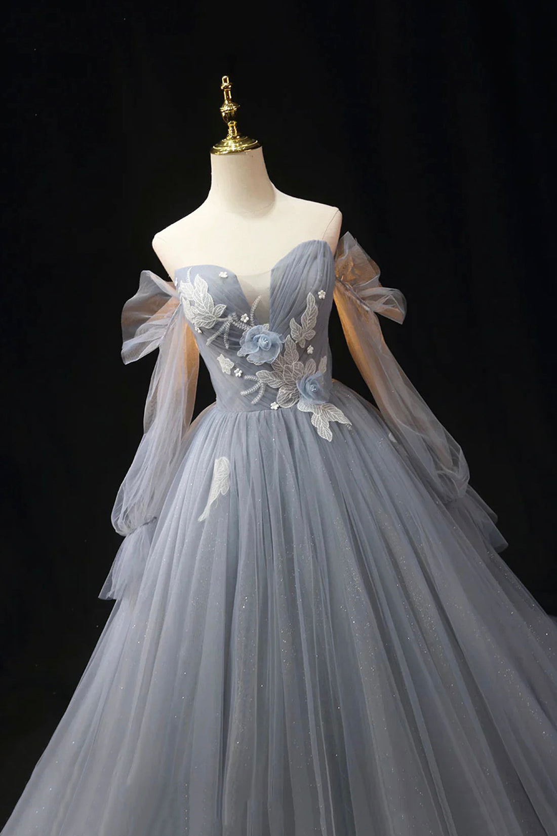 Gray Blue Tulle Lace Floor Length Prom Dress, Elegant Off the Shoulder Long Sleeve Party Dress