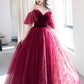 Burgundy A-Line Spaghetti Strap Velvet and Tulle Long Prom Dress,  V-Neck Formal Evening Dress