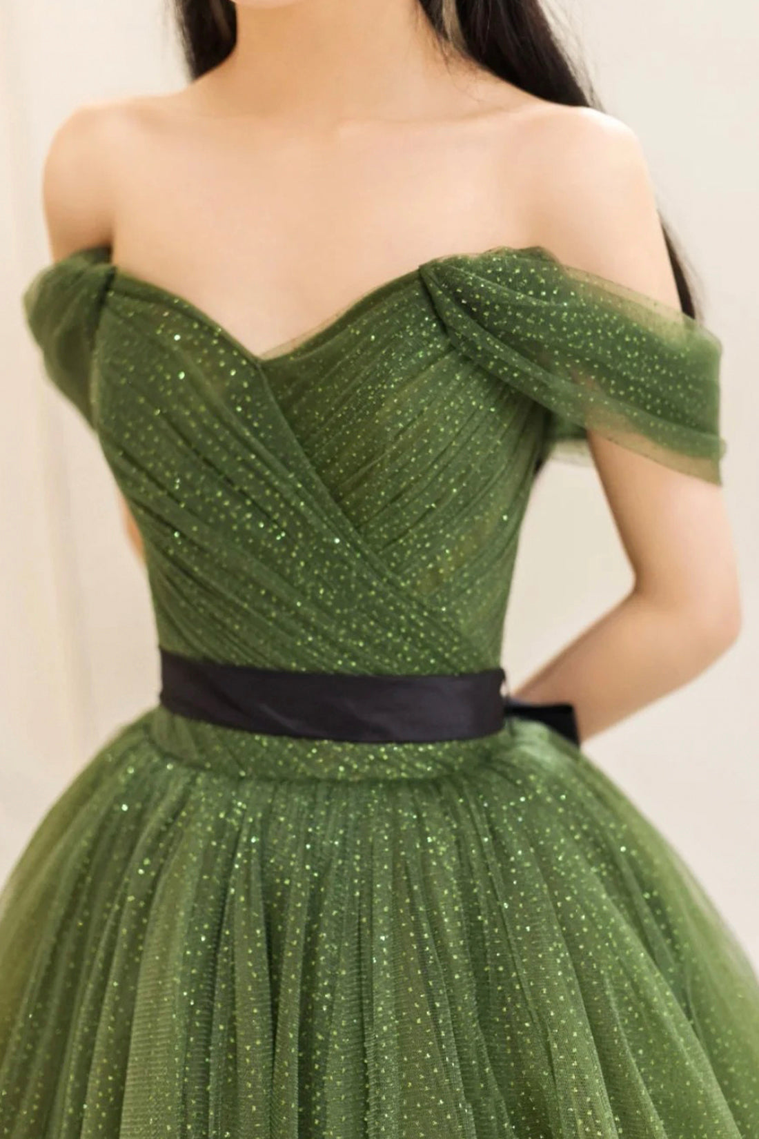 Green Tulle Floor Length Prom Dress, Beautiful Off the Shoulder Evening Party Dress