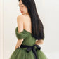 Green Tulle Floor Length Prom Dress, Beautiful Off the Shoulder Evening Party Dress