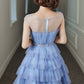 Blue Tulle Short Prom Dress, Cute Round Neck Layered Blue Party Dress