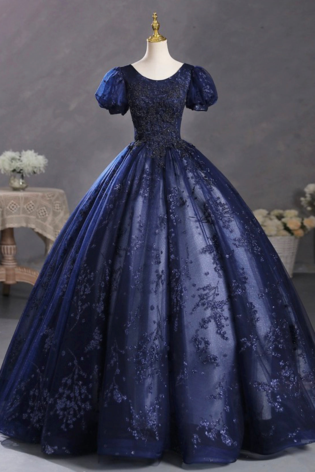 A-Line Scoop Neckline Long Prom Gown, Blue Short Sleeve Evening Party Dress