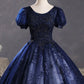 A-Line Scoop Neckline Long Prom Gown, Blue Short Sleeve Evening Party Dress