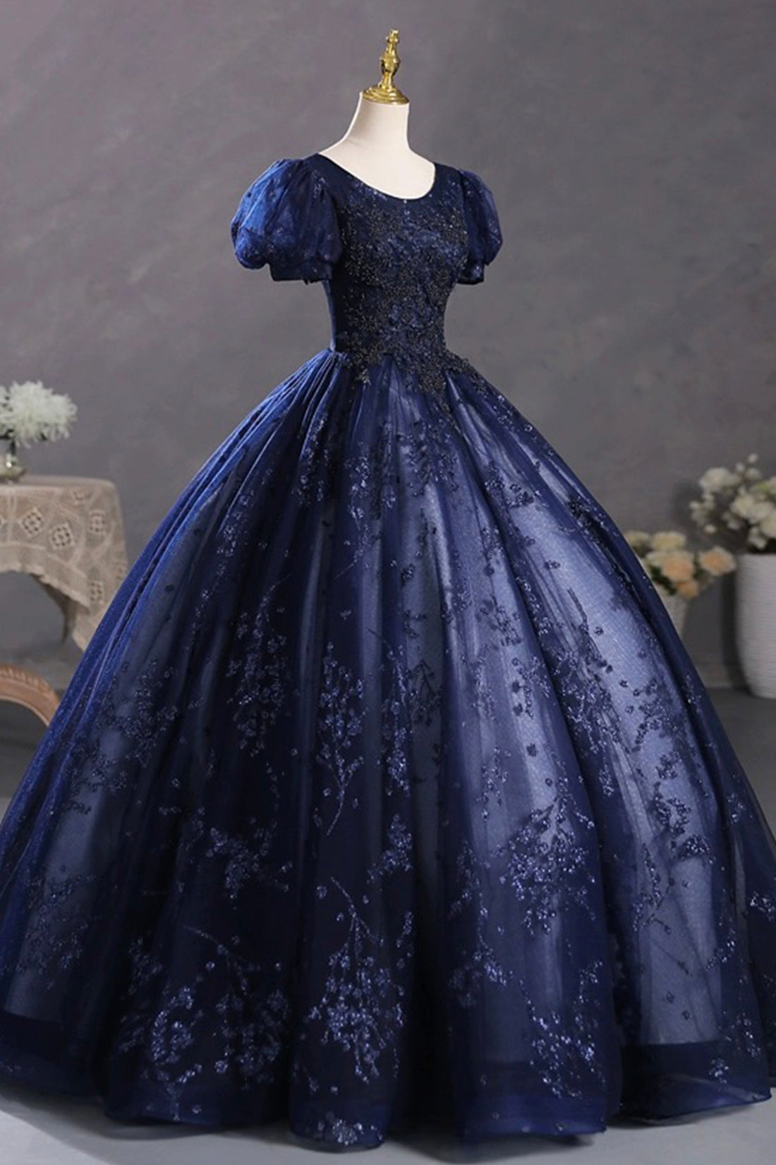 A-Line Scoop Neckline Long Prom Gown, Blue Short Sleeve Evening Party Dress