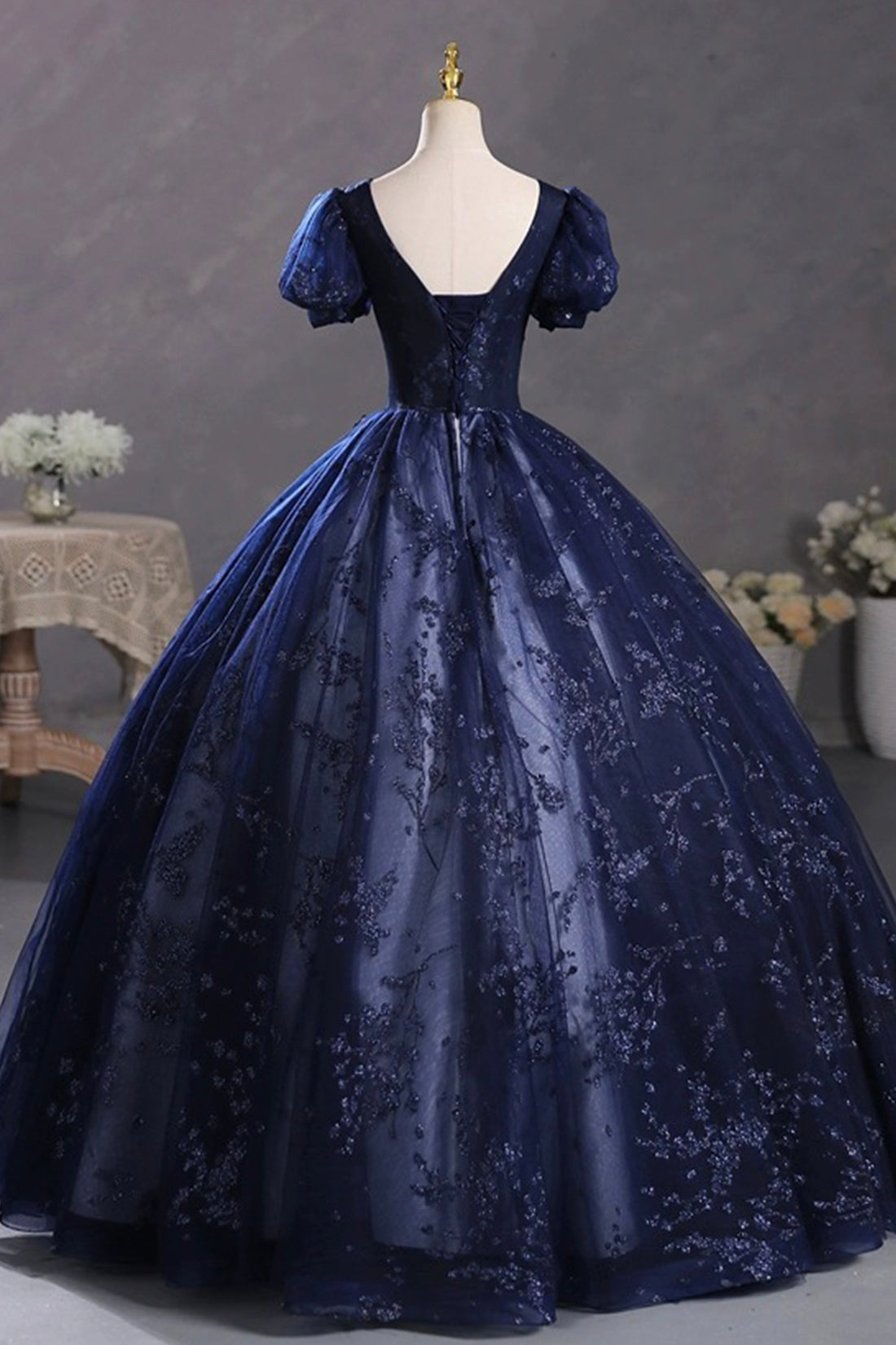 A-Line Scoop Neckline Long Prom Gown, Blue Short Sleeve Evening Party Dress