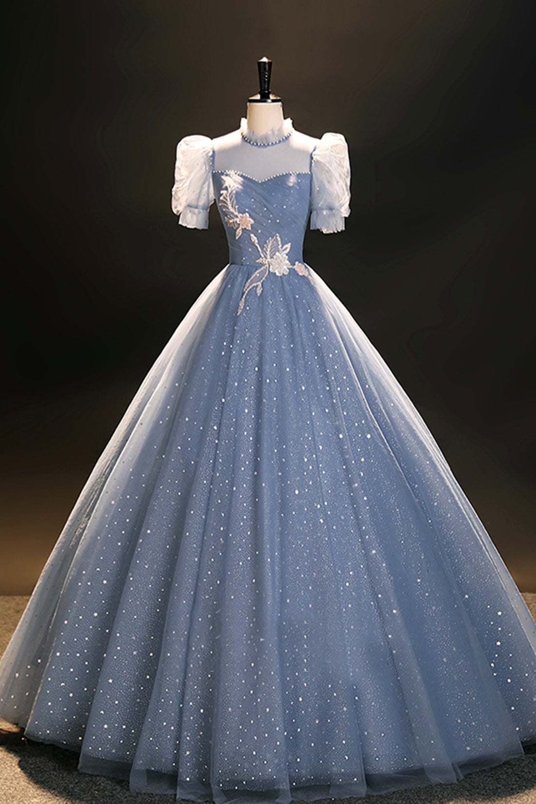 Elegant Blue Tulle Floor Length Prom Dress, A-Line Short Sleeve Formal Dress