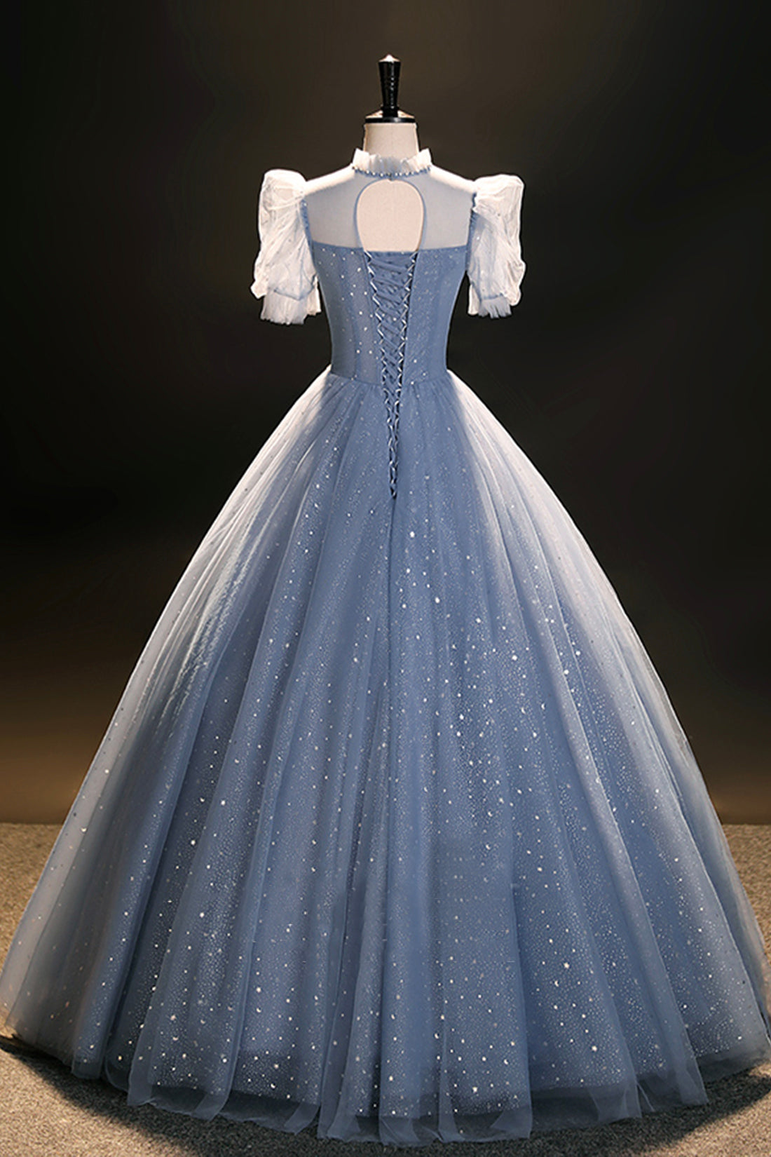 Elegant Blue Tulle Floor Length Prom Dress, A-Line Short Sleeve Formal Dress