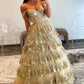 Princess Off the Shoulder Sequined Lace Champagne Prom Dress