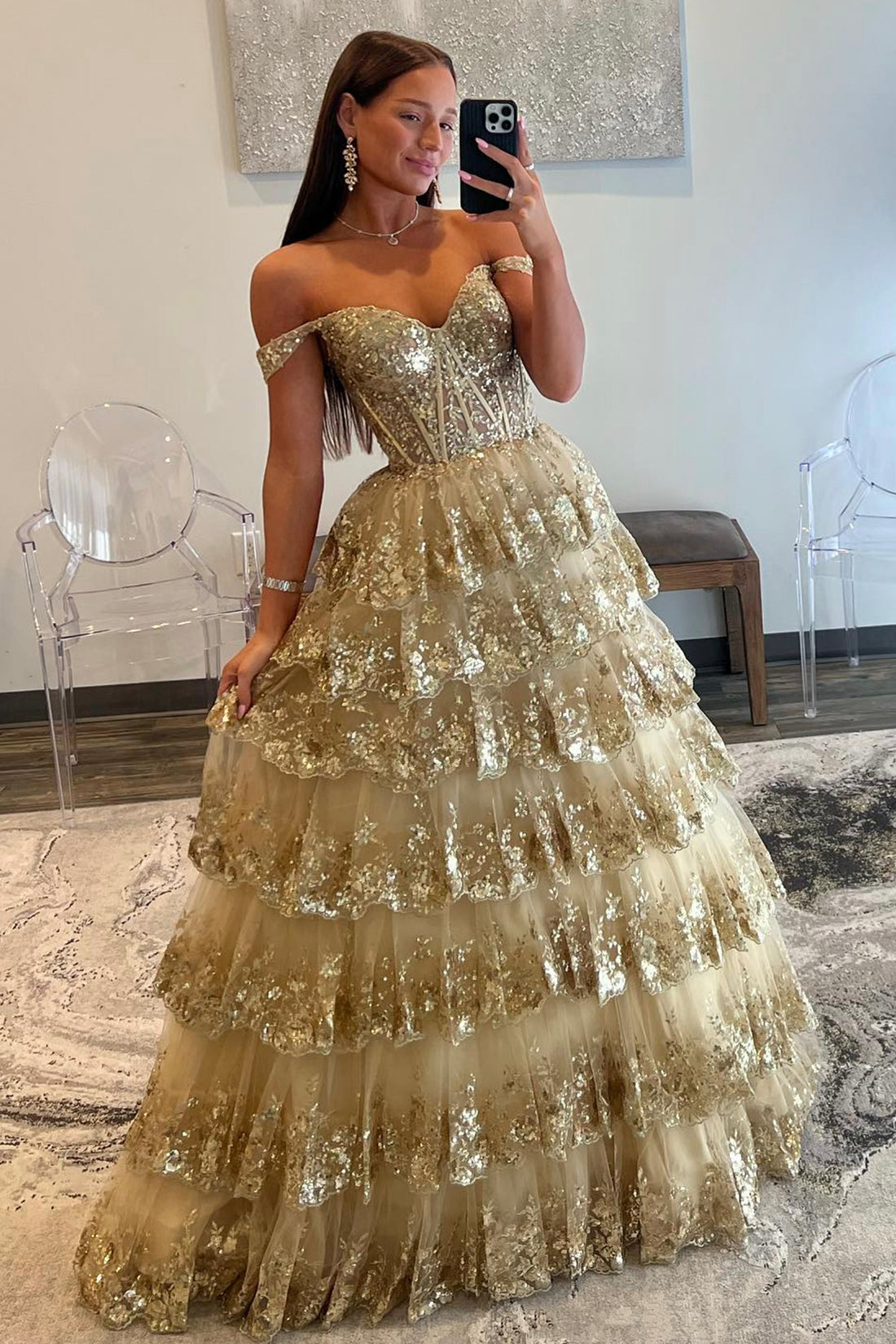 Princess Off the Shoulder Sequined Lace Champagne Prom Dress