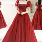 Burgundy Tulle Beaded Long Prom Dress, A-Line Short Sleeve Evening Dress