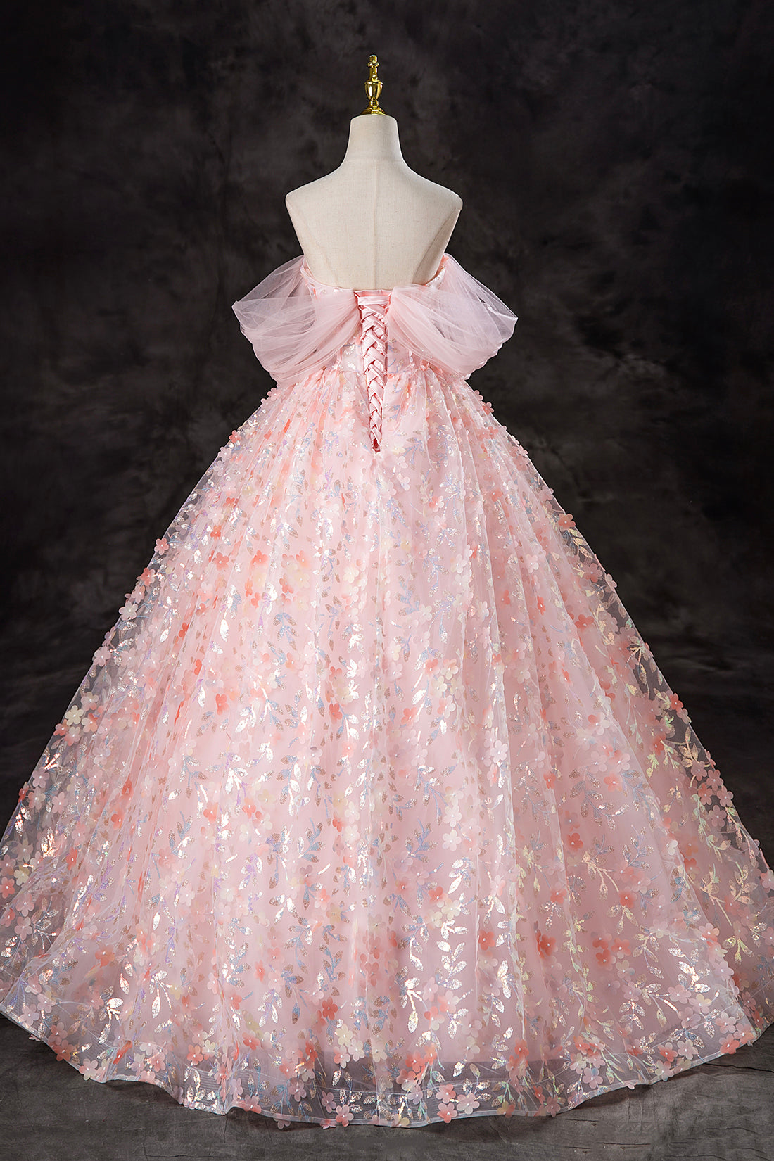 Pink Tulle Flowers Long Formal Dress, A-Line Off the Shoulder Evening Party Dress