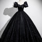 Black Satin and Tulle Long Prom Dress, Black A-Line Short Sleeve Party Dress