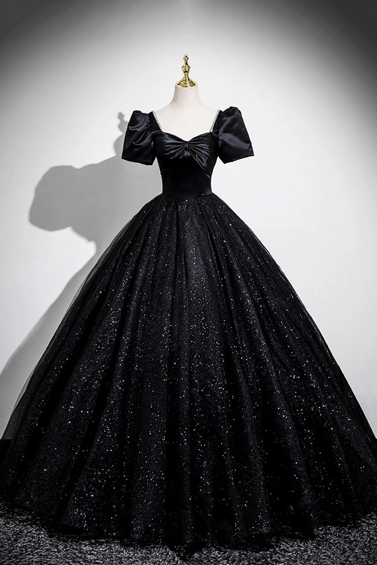 Black Satin and Tulle Long Prom Dress, Black A-Line Short Sleeve Party Dress
