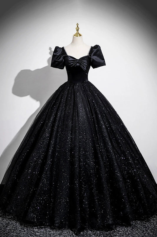 Black Satin and Tulle Long Prom Dress, Black A-Line Short Sleeve Party Dress