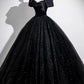 Black Satin and Tulle Long Prom Dress, Black A-Line Short Sleeve Party Dress