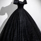 Black Satin and Tulle Long Prom Dress, Black A-Line Short Sleeve Party Dress