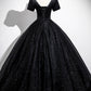 Black Satin and Tulle Long Prom Dress, Black A-Line Short Sleeve Party Dress