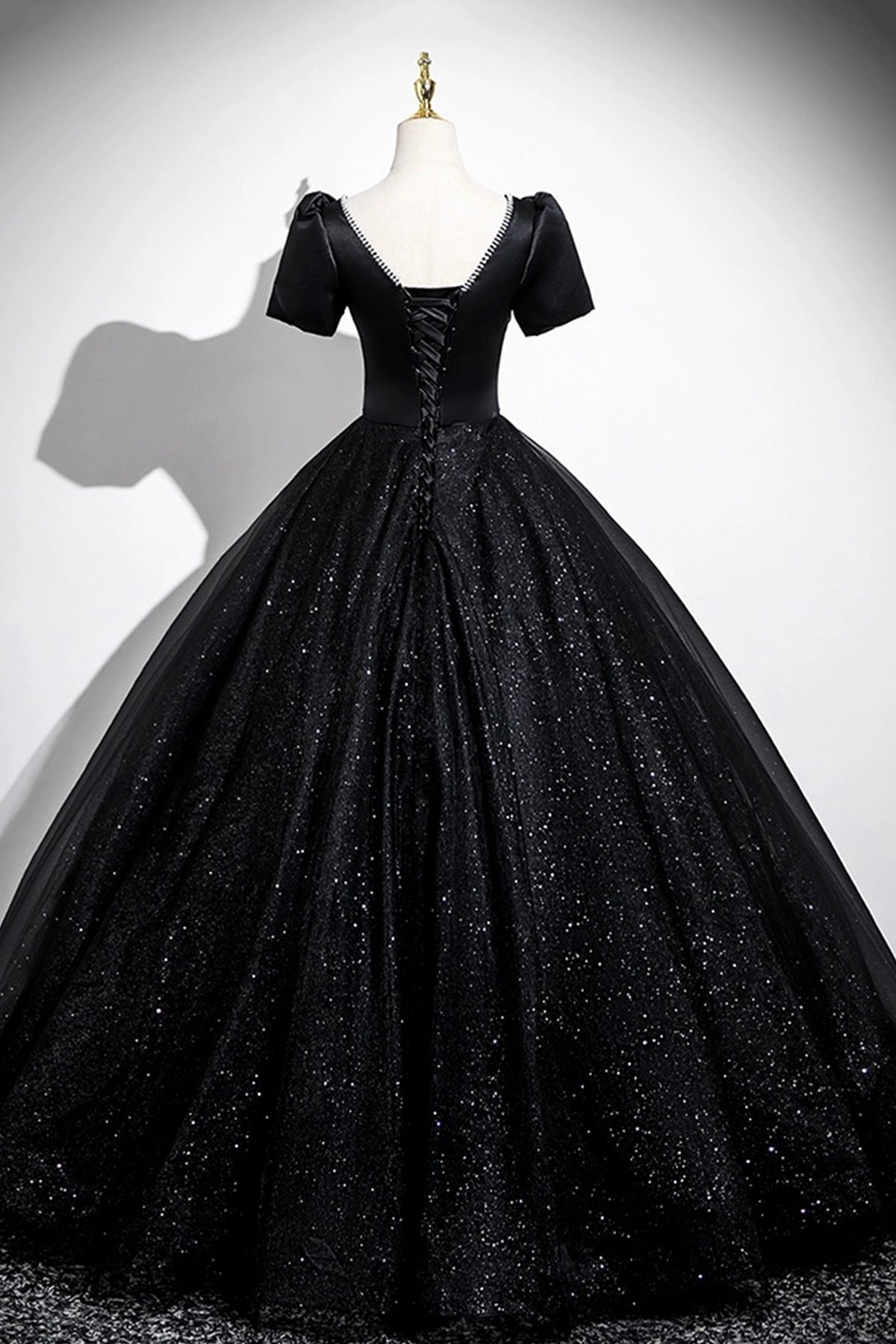 Black Satin and Tulle Long Prom Dress, Black A-Line Short Sleeve Party Dress